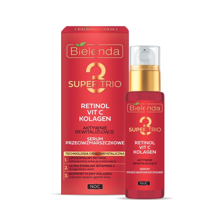Bielenda Super Trio 3 - Aktywnie Rewitalizujące Serum Przeciwzmarszczkowe na Noc - RETINOL + VIT C + KOLAGEN - 30ml
