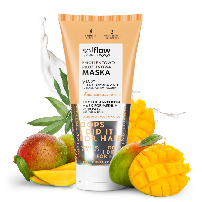 So!flow Emolientowo Proteinowa Maska do Włosów Średnioporowatych z maca root o zapachu mango w wegańskiej formule