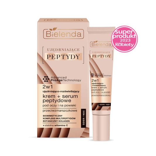 Bielenda Ujędrniające Peptydy 2w1 - Ujędrniająco - Rozświetlający Przeciwzmarszczkowy Krem + Serum Peptydowe pod Oczy i na Powieki - 15ml