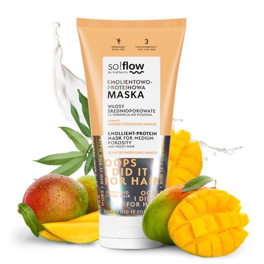 So!flow Emolientowo Proteinowa Maska do Włosów Średnioporowatych z maca root o zapachu mango w wegańskiej formule